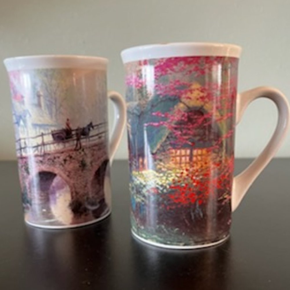 Thomas Kinkade Cups Mugs Set of 2 Stepping Stone Cottage / Hometown Bridge 2003